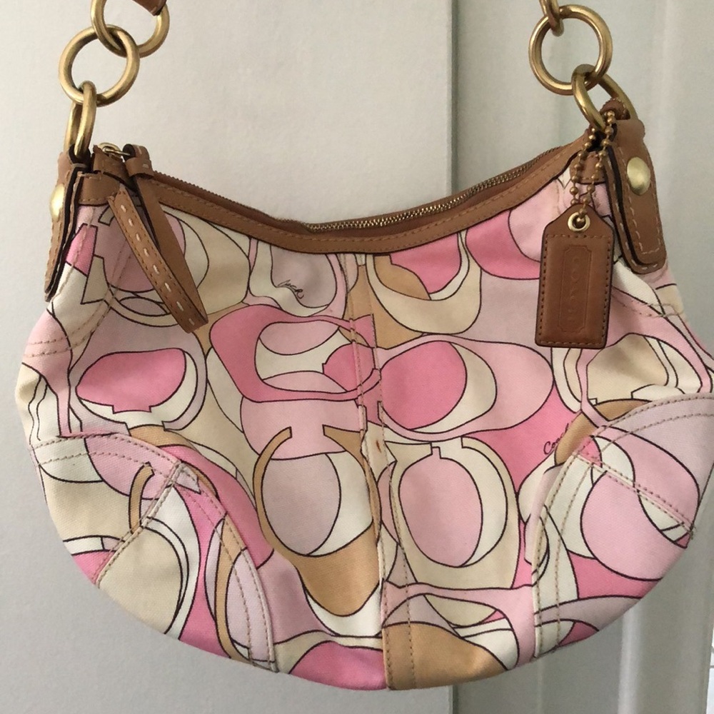 Vintage Signature Coach Pink Optic Soho Hobo 11905 Canvas Tan Bag 2008 - Picture 2 of 7